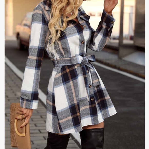 Cozy Plaid Button Up Belted Shirt Dress - Picture 3 of 6